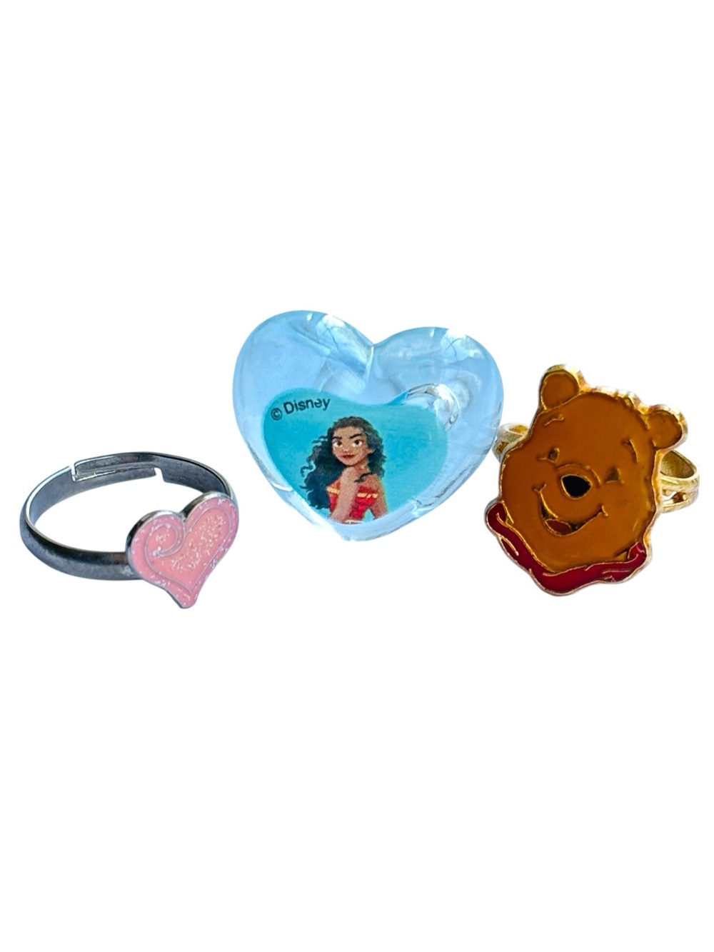 Disney Vintage Winnie the Pooh AAi Blue Moana Pink Heart Rings Lot of 3